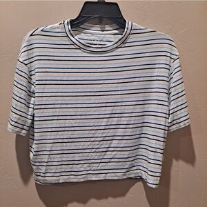 NWT Addison Bay  Everyday Short Sleeve cropped T-Shirt, Multi Blue Stripe XS